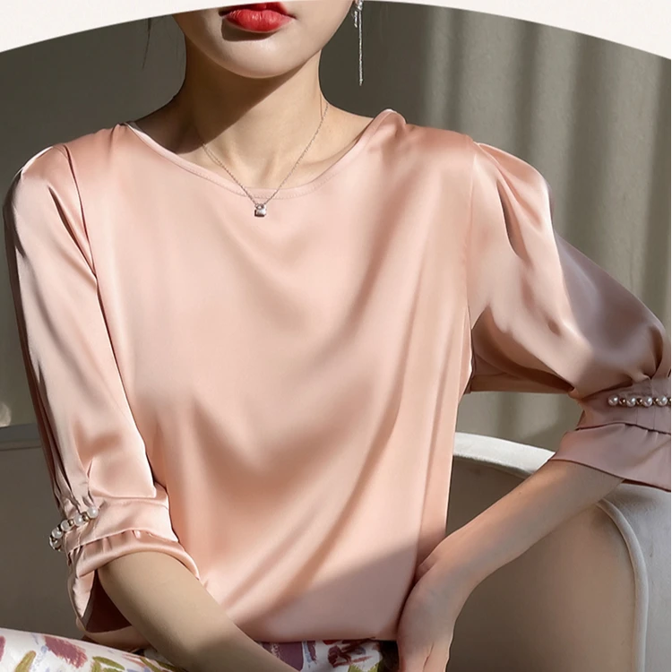 高级感丝滑新款五分袖t恤女夏季百搭上衣纯色简约气质垂感不起皱