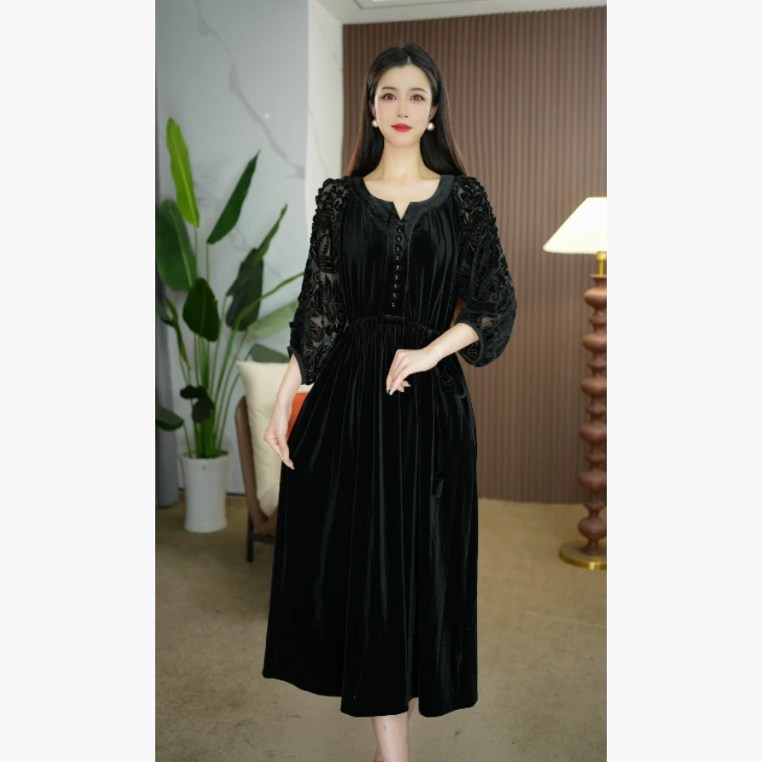 【奈娅定制】C175黑色重工蕾丝大码连衣裙女2025气质显瘦宽松连衣裙