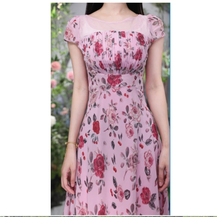 SUSSI/古色25夏印花撞网纱船型领口前胸压褶工艺显瘦气质连衣裙