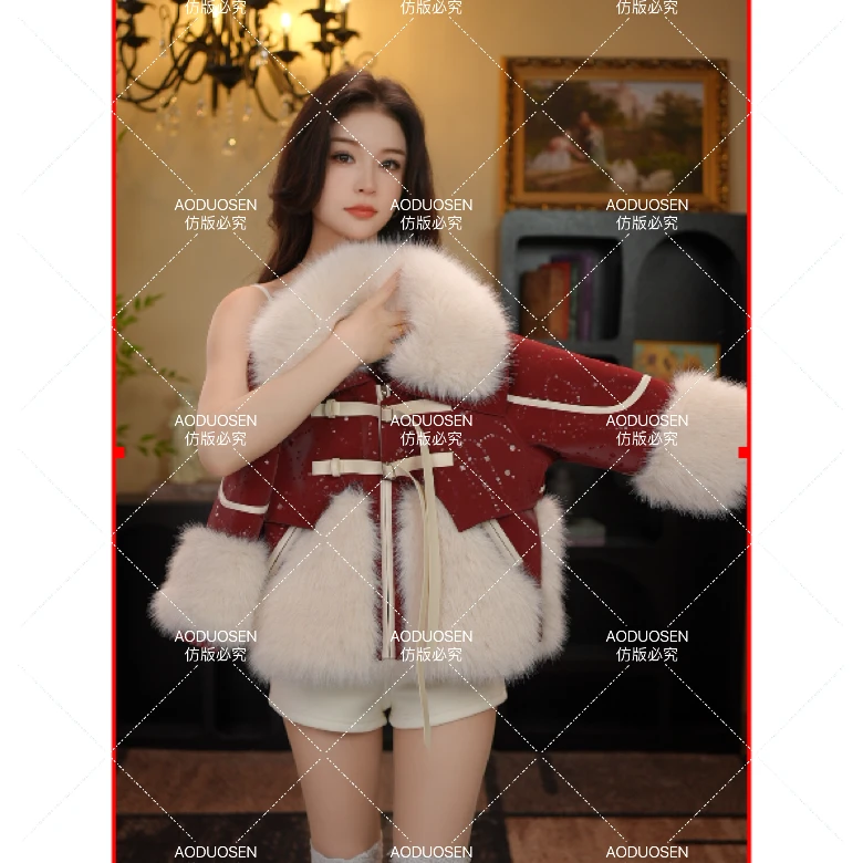 AODUOSEN/奥多森高端定制女童暗红皮带小香风皮衣一体毛毛外套