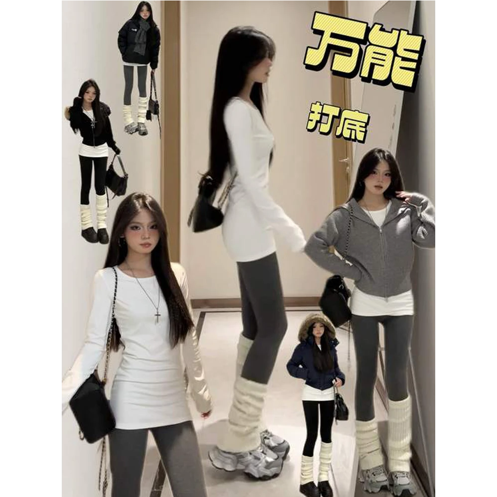 2026白色正肩长袖T恤女秋冬季圆领内搭修身收腰中长款打底衫上衣