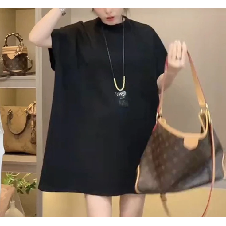 韩版简约宽松显瘦中长款休闲大版黑色圆领短袖女装包臀T恤上衣潮