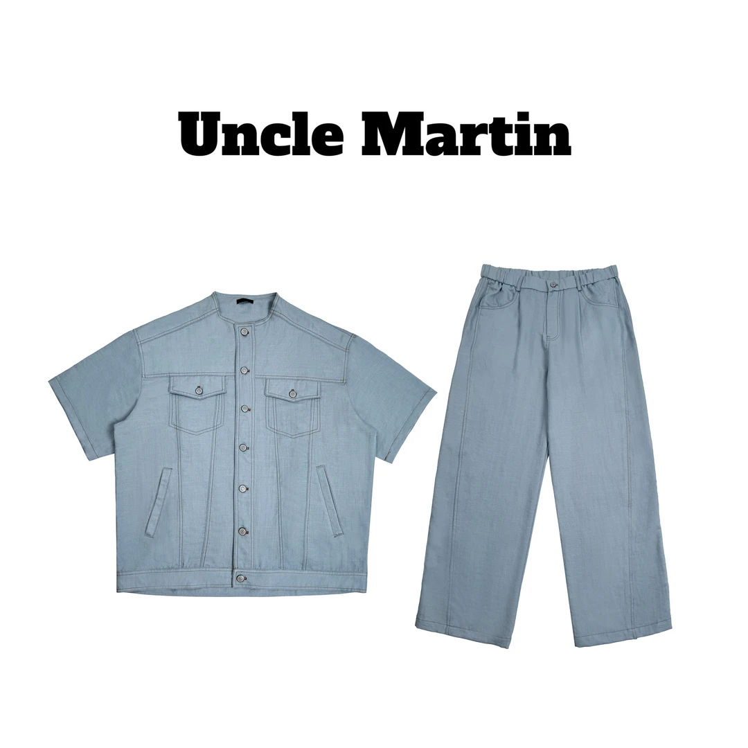 马丁叔叔 25夏季新款时尚潮流短袖长裤牛仔套装319