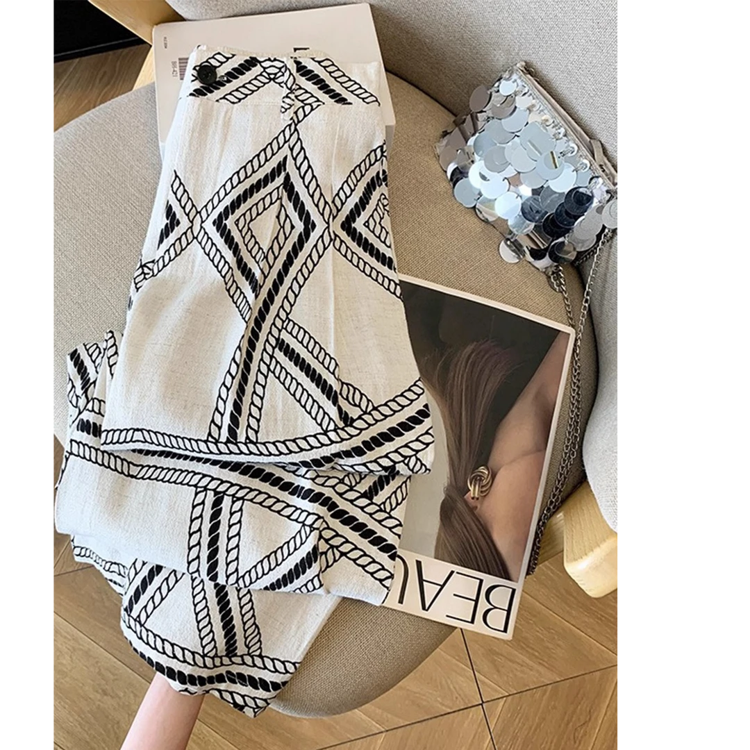 老钱风松弛感棉麻印花阔腿裤女夏季薄款慵懒复古亚麻休闲拖地长裤