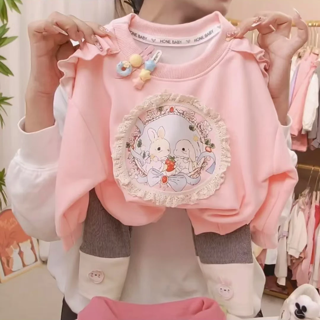 儿童新款时尚2025春秋女童洋气卡通卫衣圆领套装时尚休闲秋季韩版