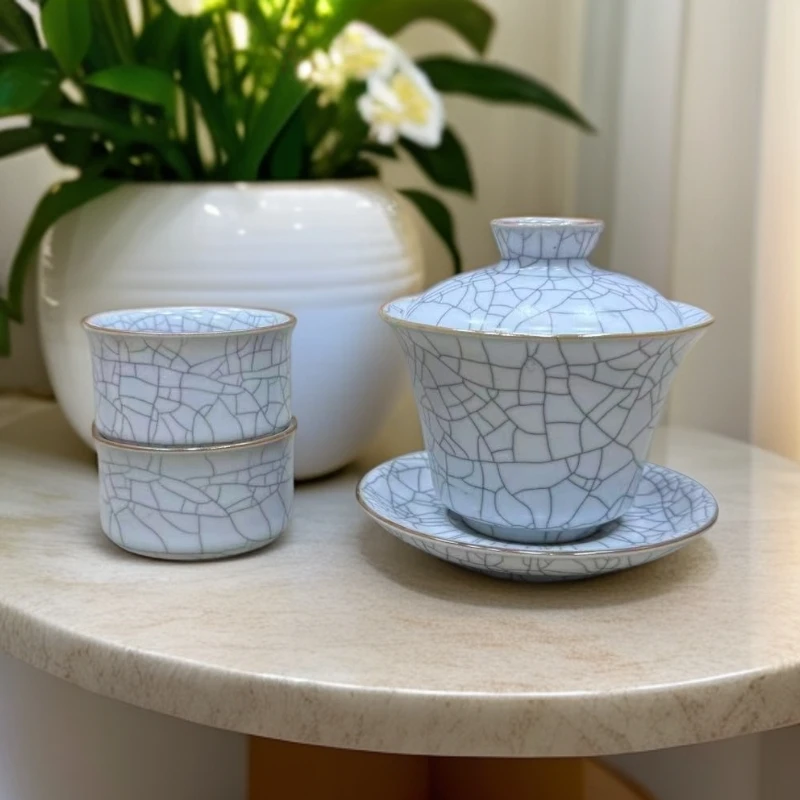 月白盖碗开片盖碗+2杯A0486