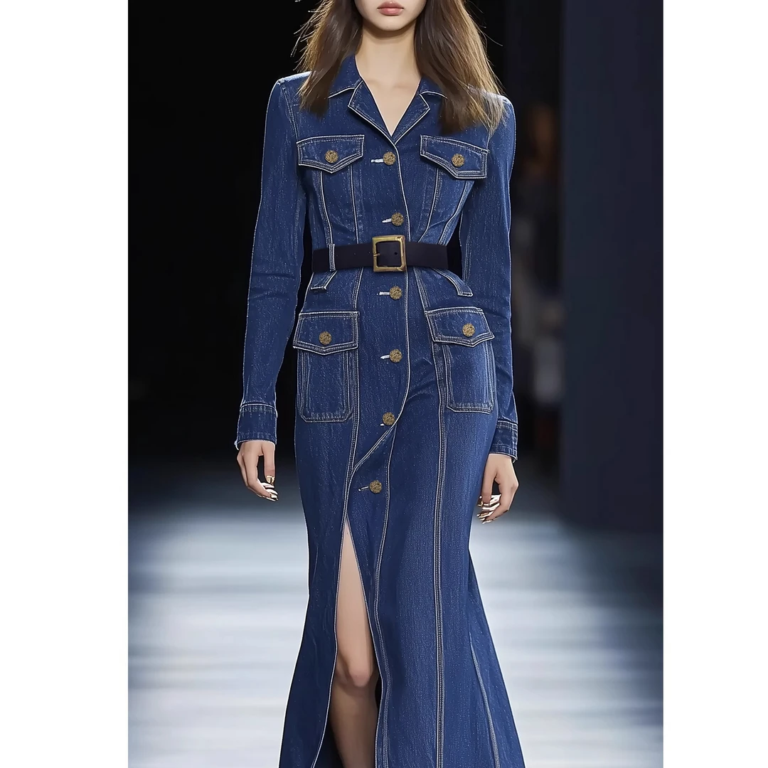 【粉丝专享】AUI蓝色长袖连衣裙修身显瘦鱼尾裙秋季XX-25W018292