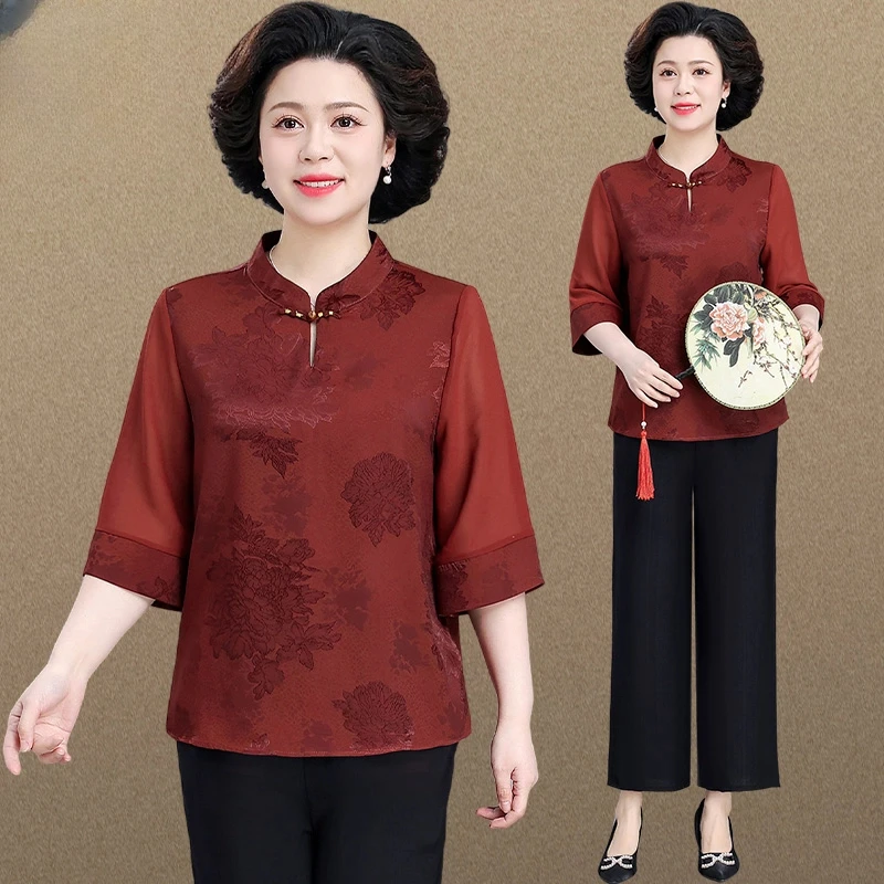 新中式妈妈夏装五分袖雪纺衫洋气中老年女夏季套装大码老年人衣服
