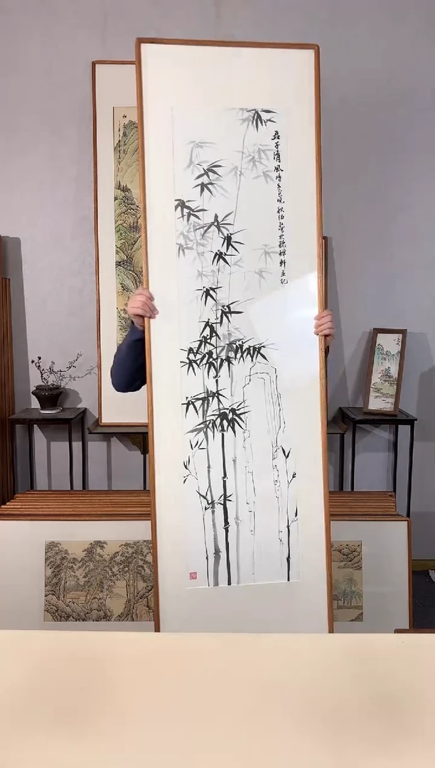 国画手绘*君子清风*52*172cm*原木色木框