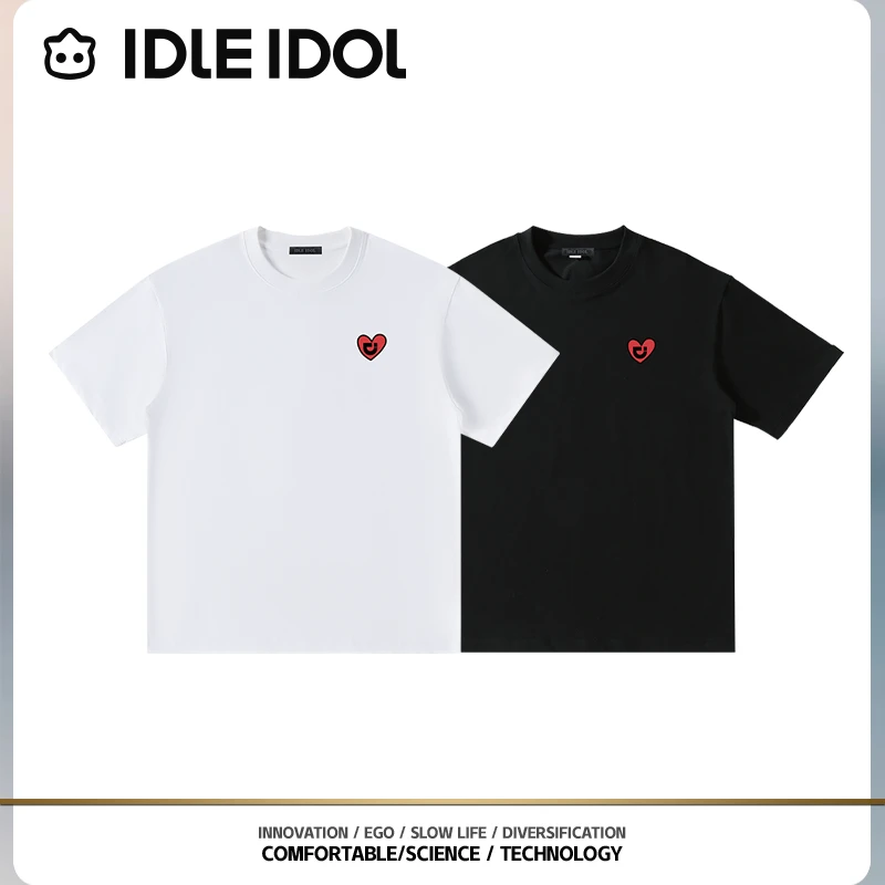 IDLE IDOL春季情侣款潮流宽松短袖T恤圆领爱心白墨画休闲百搭上衣