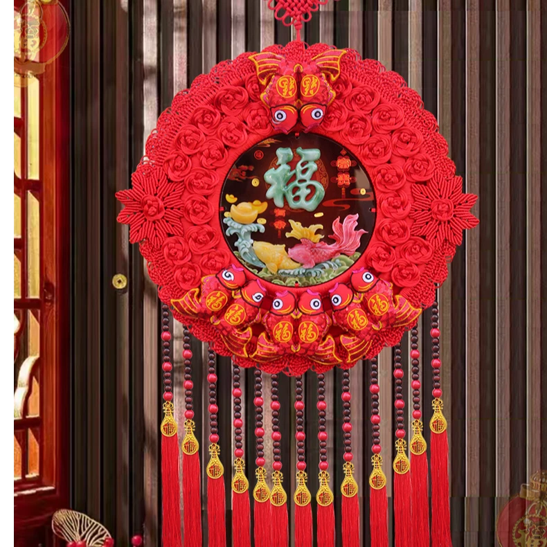 高档玉雕桃木喜庆精美太阳花福字中国结挂件客厅玄关入户门装饰