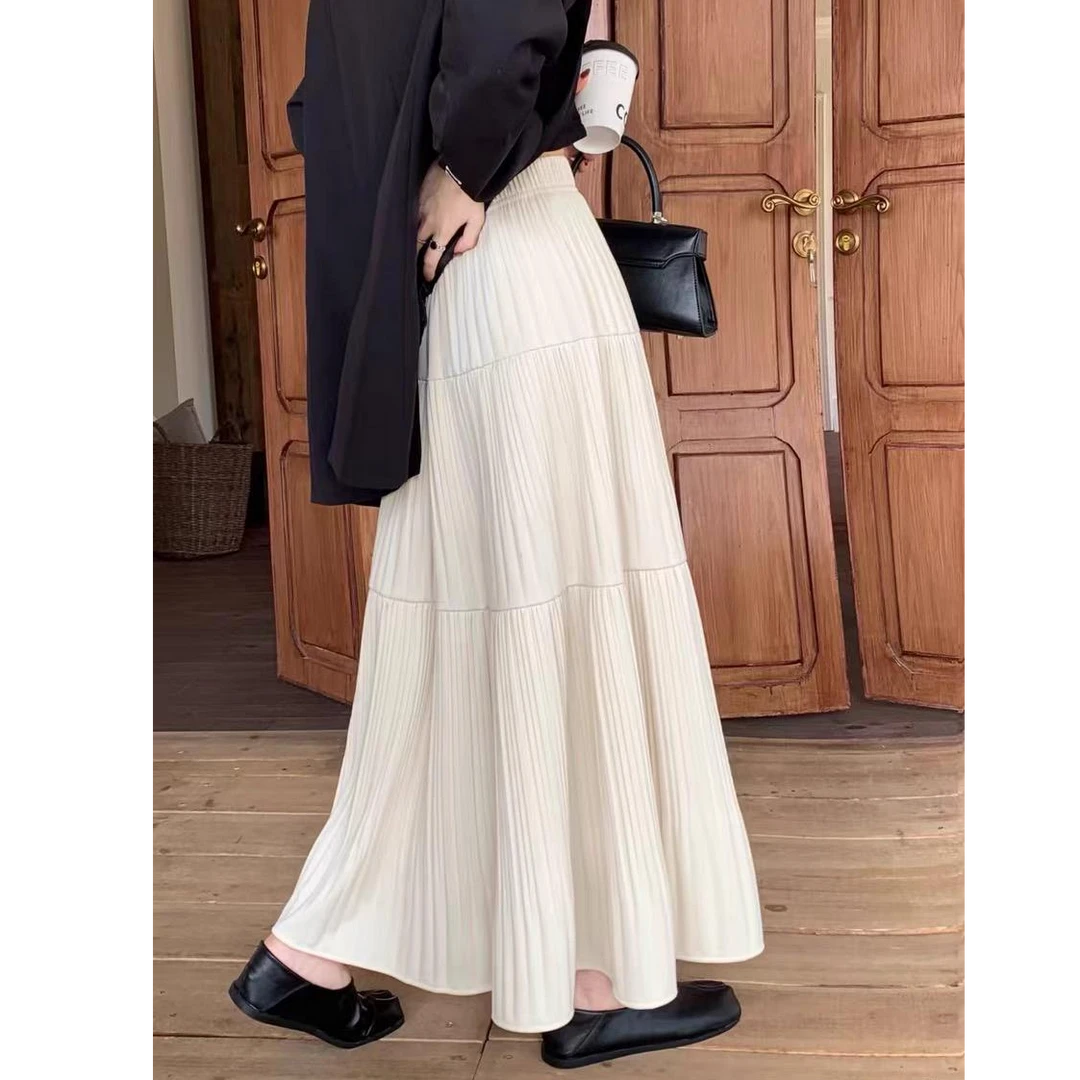 韩版显瘦垂感压褶洋气拼接半身裙2025秋季高腰显瘦百褶大摆伞裙女