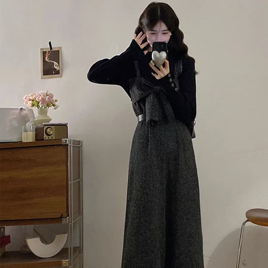 （80-200斤）秋冬搭配一整套高级感蝴蝶结背带裤打底衫两件套2060