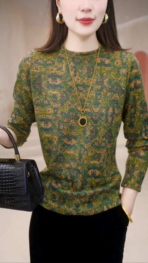 2025新款浮翠流丹古典半高领小衫套头针织长袖上衣保暖女打底内搭