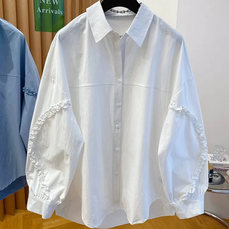 别致独特木耳边拼接蓝色衬衫女长袖2025新款宽松大版遮屁股上衣春
