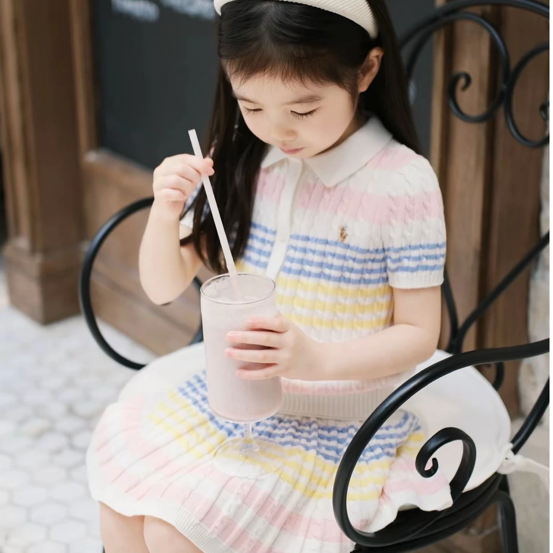 壹妈童装穿搭彩色条纹针织套装2025夏季小香风短袖半身裙两件套