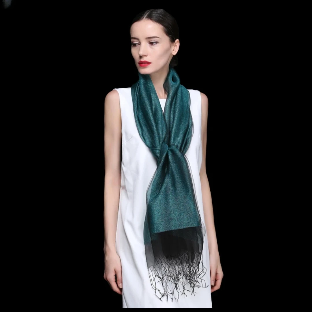 C183 孔雀绿黑丝双层 桑蚕丝金银丝线围巾时尚 百搭围巾 70*180 C