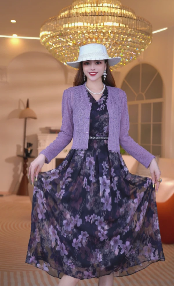 【外披+背心裙】2025春季薰衣草紫色温柔风穿搭女人味定位花连衣裙