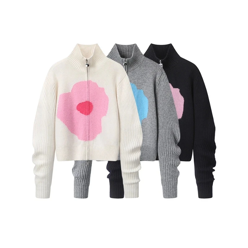 B113-2024冬季新款百搭花朵提花休闲拉链宽松针织衫女.Y7417