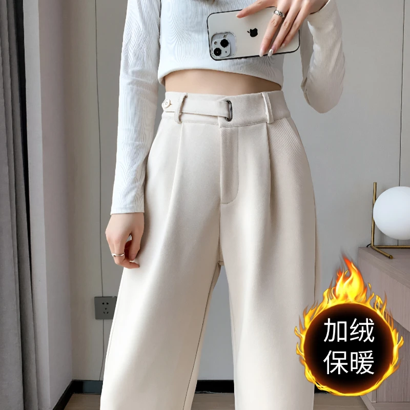 新款加绒加厚秋冬窄版西装拖地裤女小个子直筒高腰显瘦阔腿裤宝藏