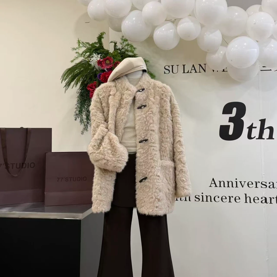 【云眠牛角扣】氛围感高定轻奢气质毛毛外套-830