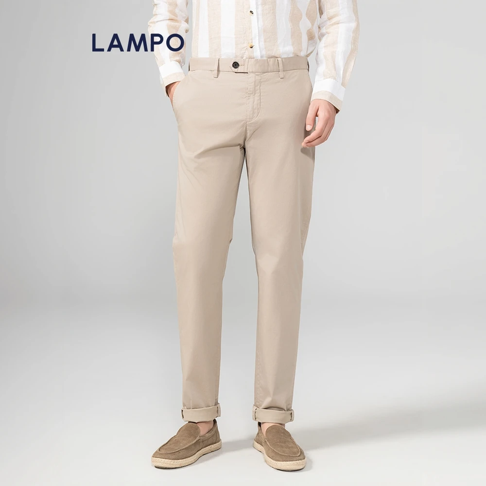LAMPO/蓝豹【ONE系列】高端线丝棉米色纯色通勤直筒长裤裤子男裤