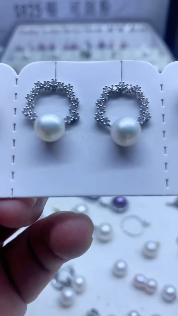 银S925镶嵌淡水珍珠耳饰7-8