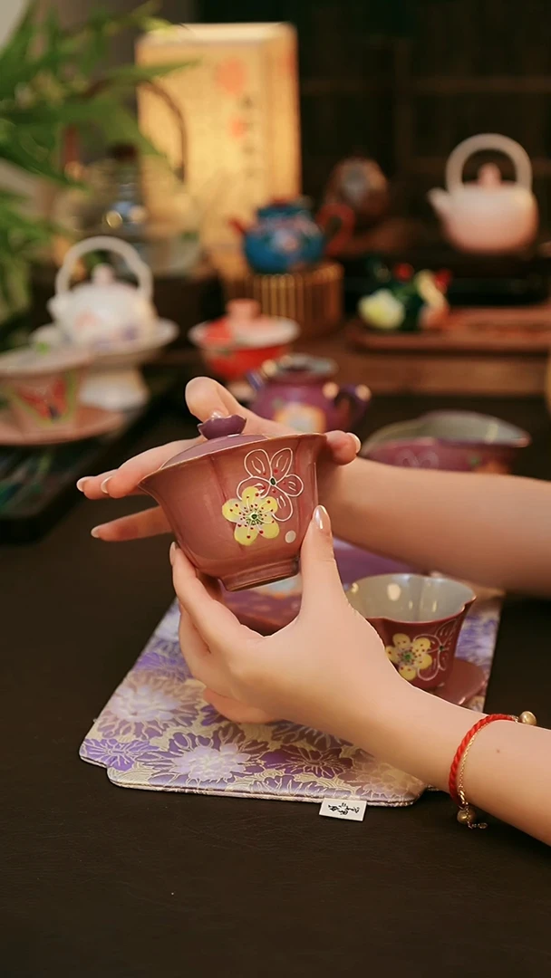 陶瓷茶具紫樱盖碗