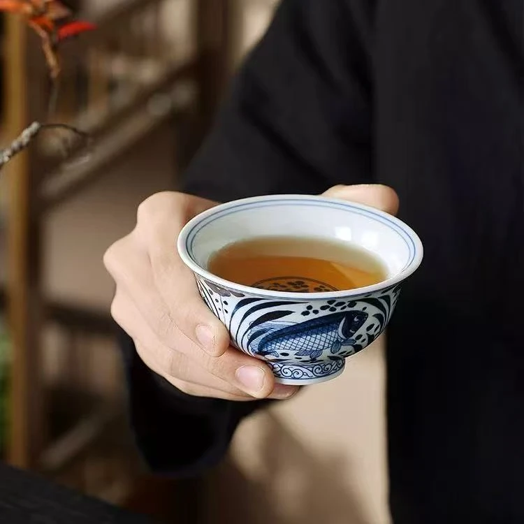 景德镇青花鱼藻纹主人杯高温釉下彩小客杯泡茶功夫茶杯