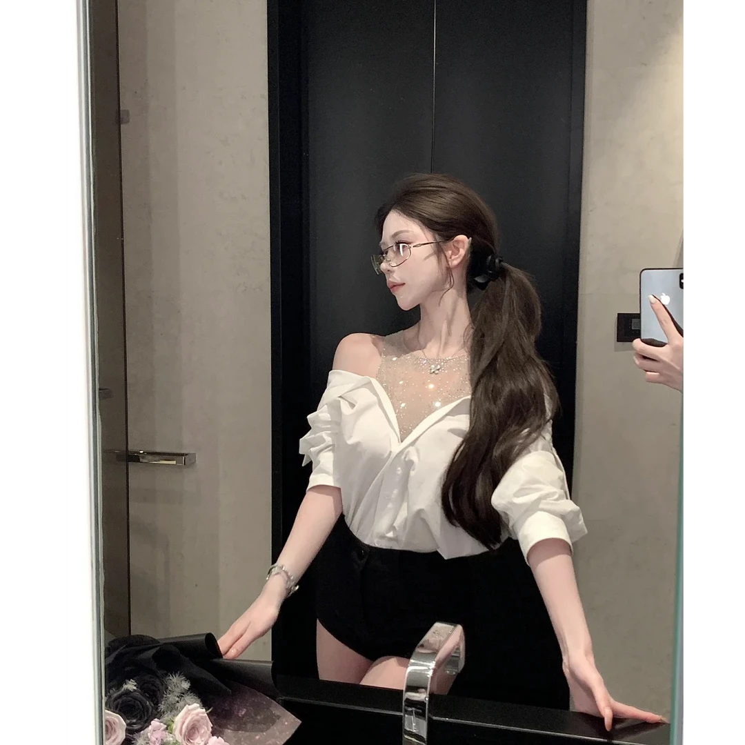 假两件拼接闪钻露肩捏褶衬衫上衣女夏季2025新款显瘦短裤两件套装