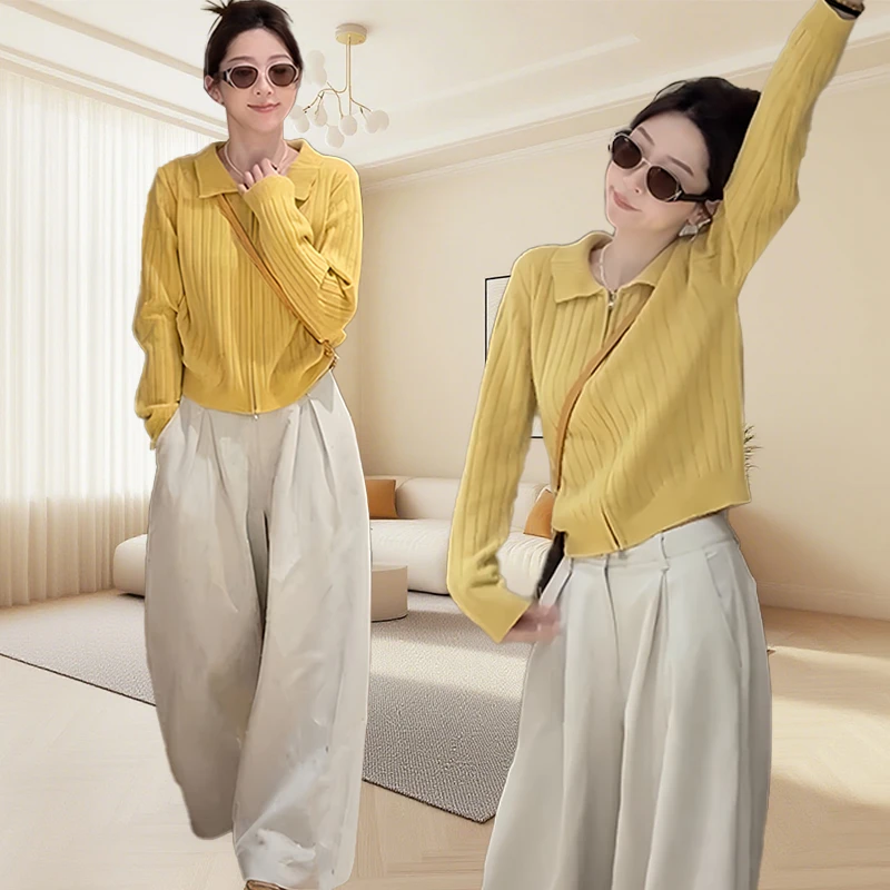 秋冬流光风时尚洋气套装黄色上衣杏色裤子套装亲肤舒适两件套秋冬