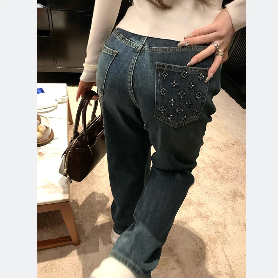 盘盘老花公式老花烫钻高腰牛仔裤女秋冬宽松阔腿裤小个子裤子