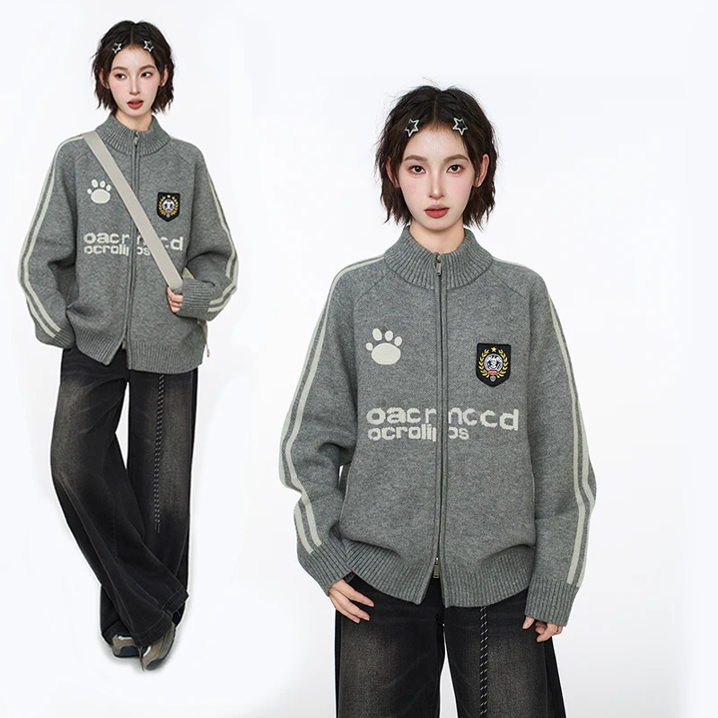 棒球风卫衣高领开衫毛衣宽松复古秋冬季女针织衫拉链外套