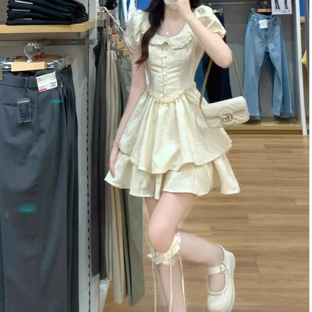 【可爱猫猫】娃娃领套装夏泡泡袖初恋小个子套装群收腰蓬蓬裙