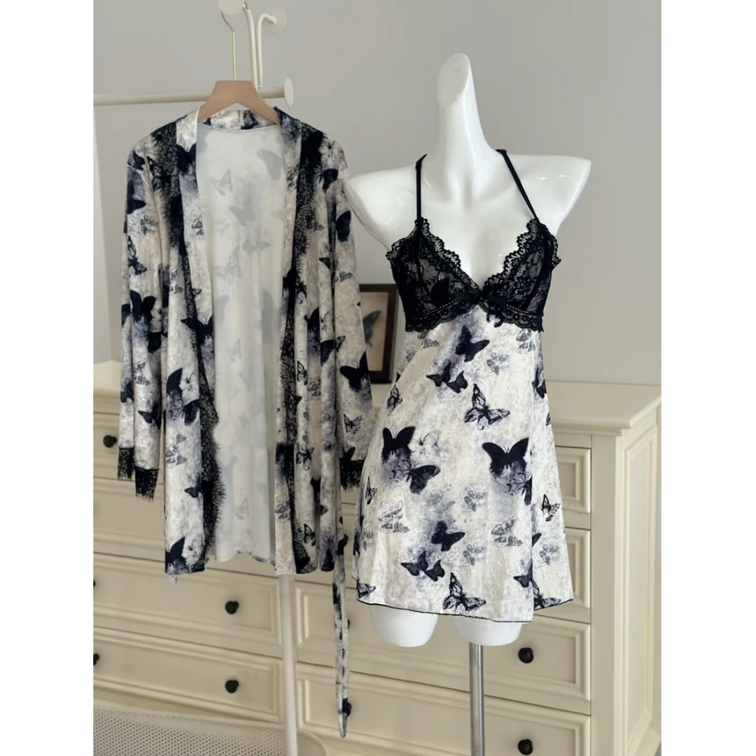 【娇奢姐姐】法式轻奢性感深v吊带丝绒睡裙带胸垫睡衣家居服秋冬薄