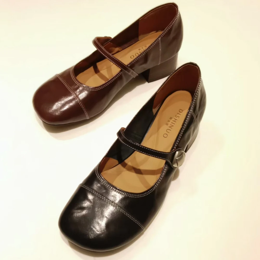 狄士诺2025春季新款油蜡牛皮中跟瑪丽珍鞋气季一字带单鞋女