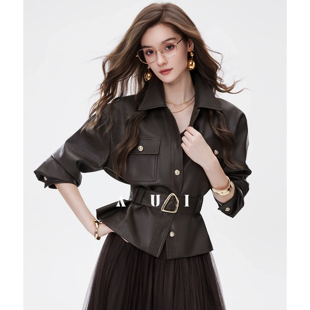 aui酷飒风皮衣外套女2025高级感夹克开衫半身裙两件套装25W100320