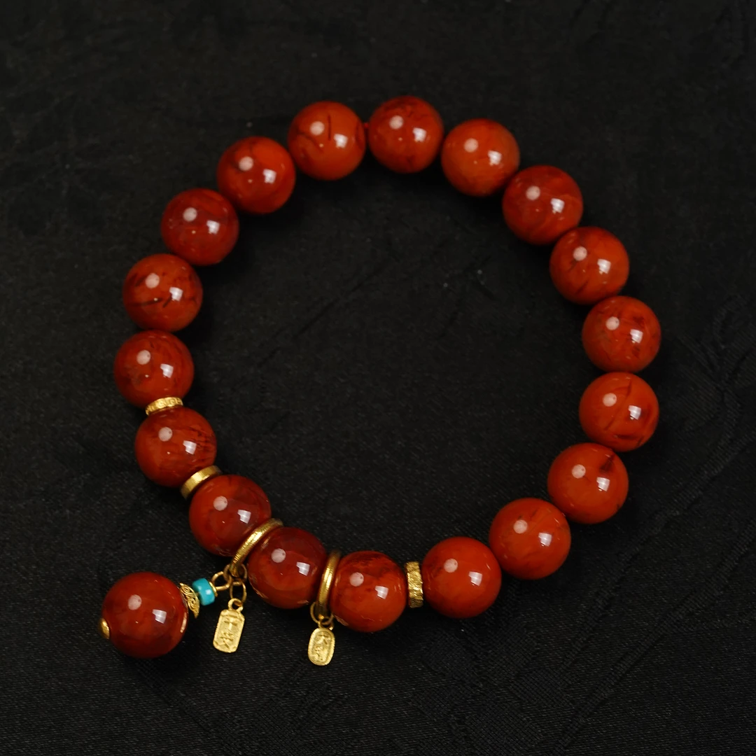 【凤鸣珠宝】天然南红原矿18K金镶嵌典藏级牛血红火焰纹手串 S-159