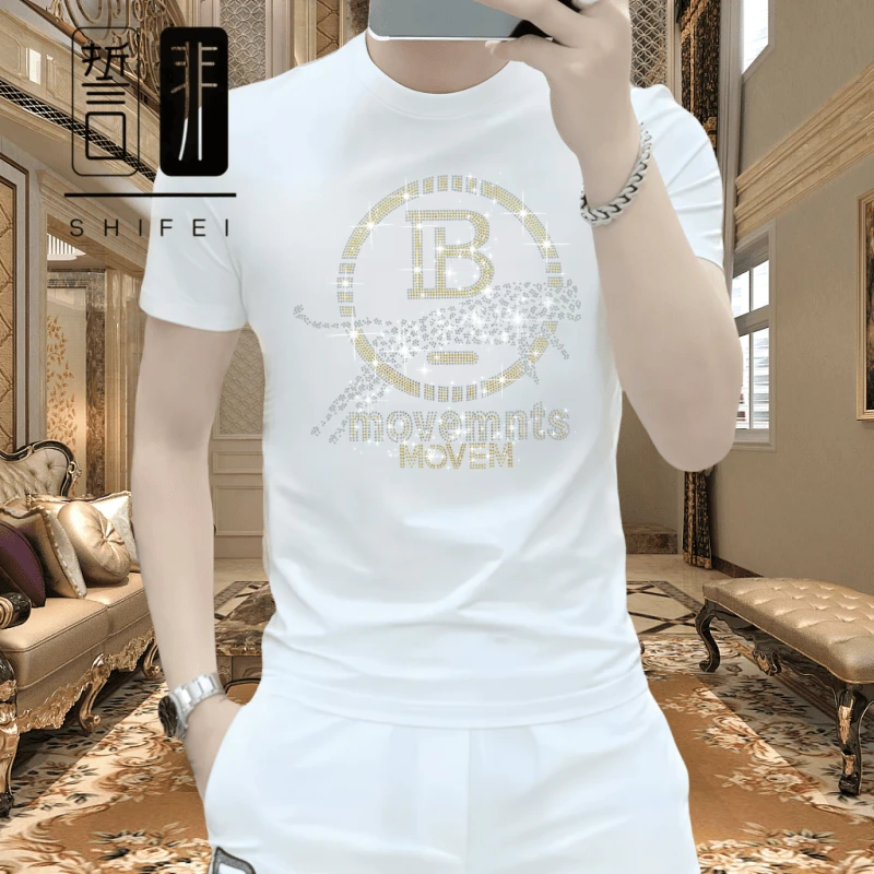 男士运动时尚休闲夏季潮流修身圆领白色轻奢百搭高档冰丝短袖T恤