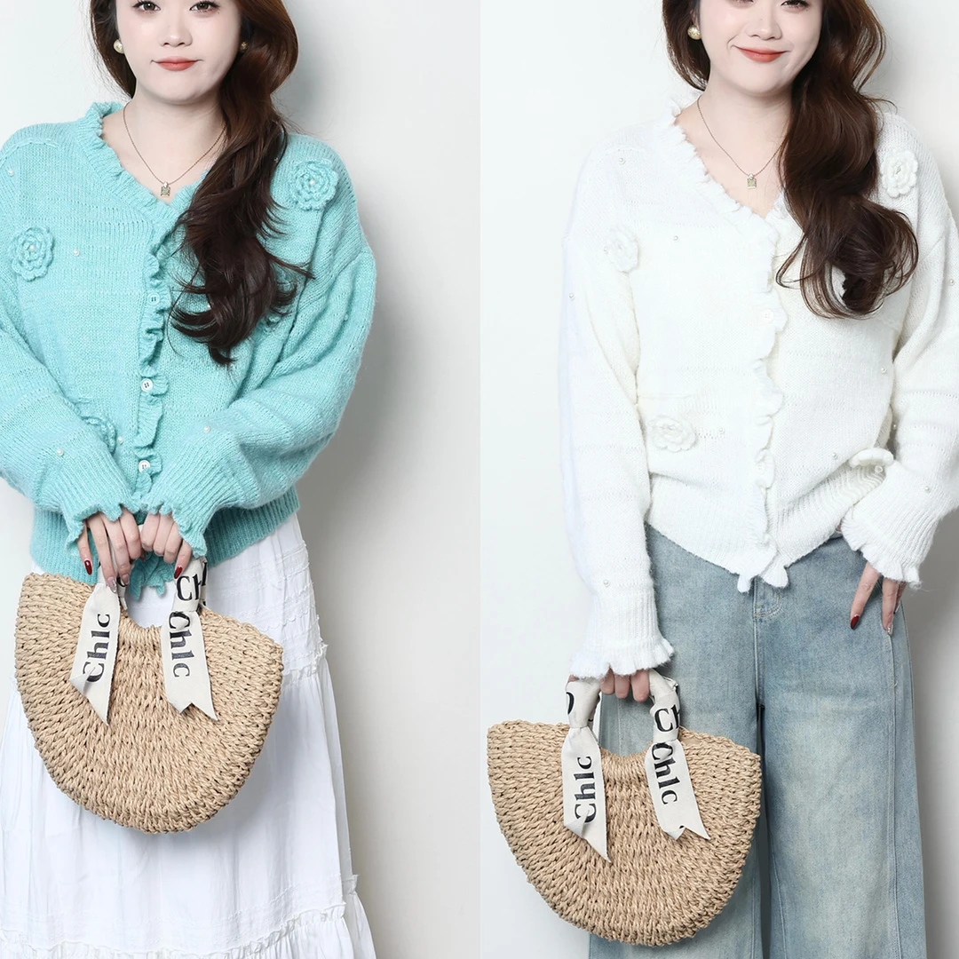 李潇洒【奶油糖霜】微胖大码女春百搭显瘦设计感钩花毛衣ZY502F42