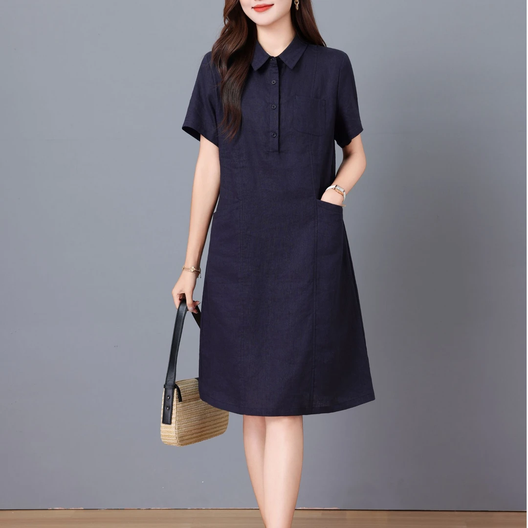 亚麻新款连衣裙女夏款休闲衬衫领大口袋洋气遮肚子藏肉显瘦翻领
