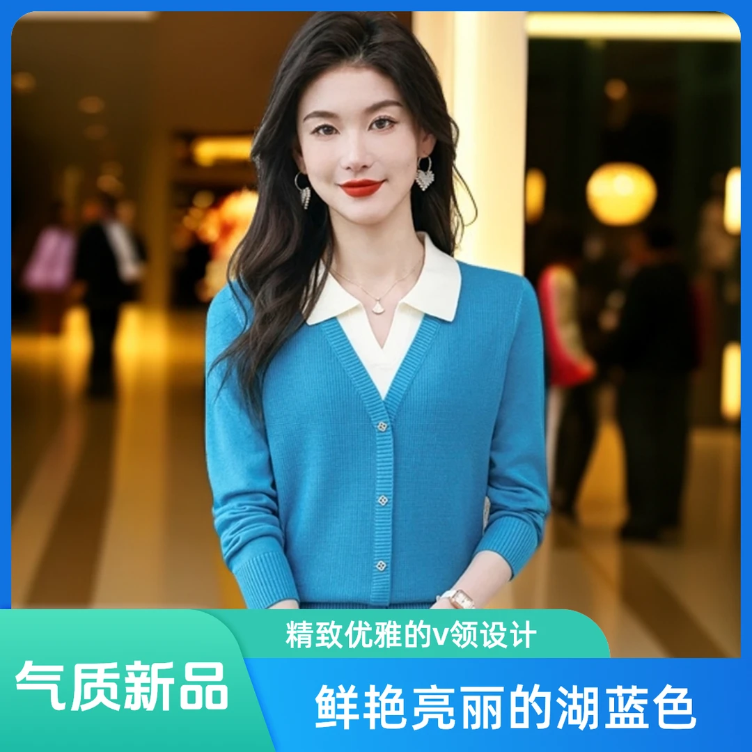 2025年春秋新款洋气翻领假两件套头女长袖百搭宽松显瘦针织打底衫