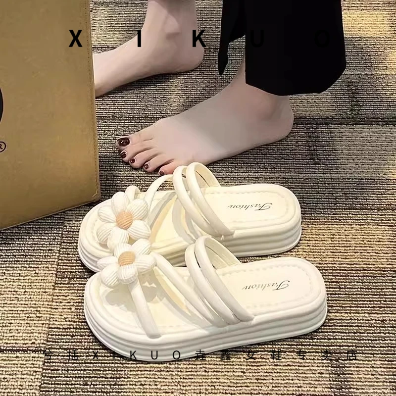 配裙子甜美花朵两穿凉鞋女夏季2025款仙女风厚底外出沙滩凉拖鞋