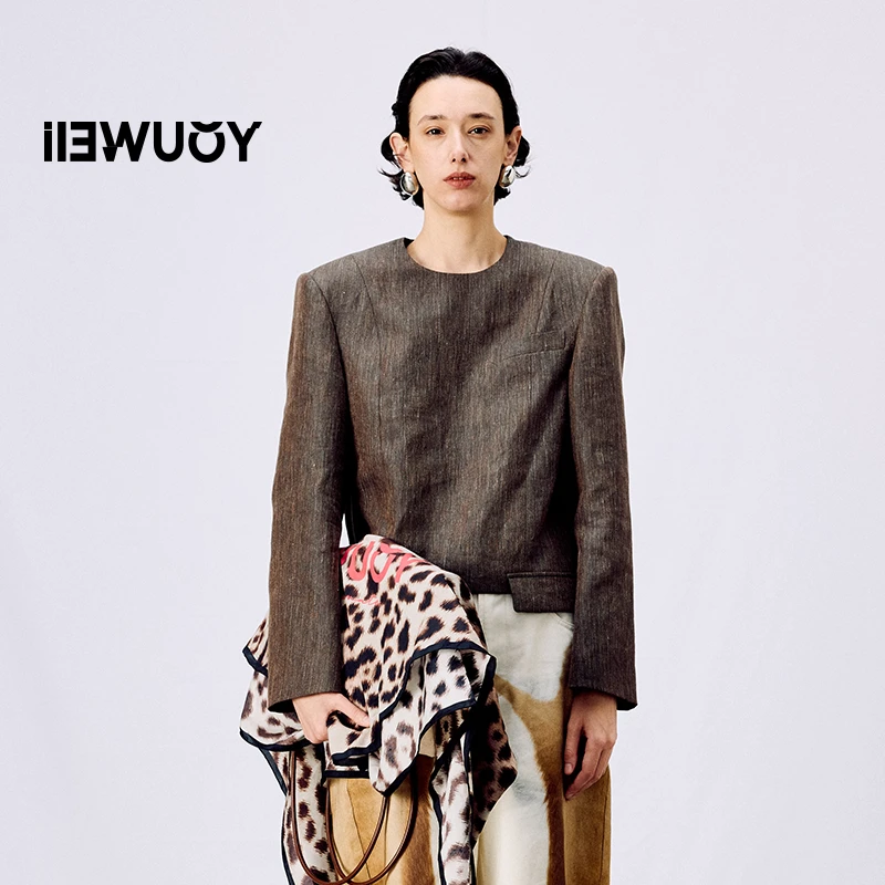 有尾YOUWEI树皮纹亚麻套头短西装上衣短款Y1925109