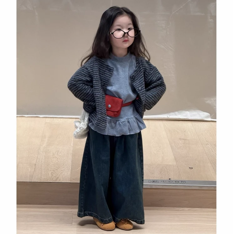 女童秋季新款套装洋气条纹开衫女宝宝打底衫阔腿裤百搭三件套
