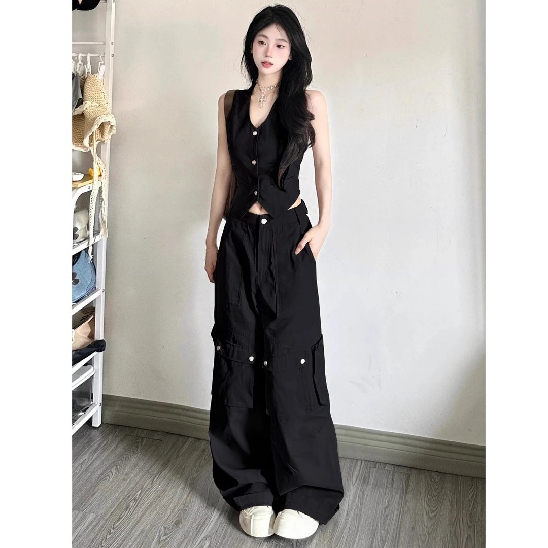 盐系炸街运动服套装女夏季时尚复古马甲背心工装阔腿裤休闲两件套