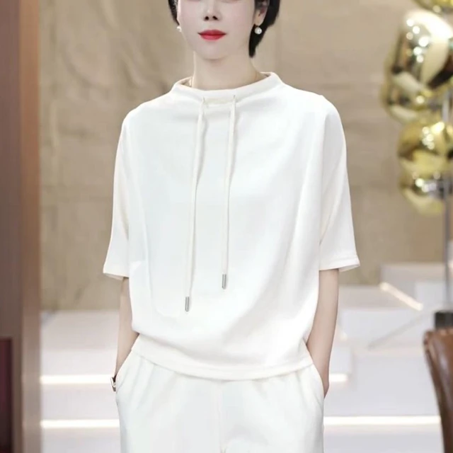 半高领白色短袖t恤女夏季2025新款时尚卫衣洋气宽松遮肚显瘦上衣