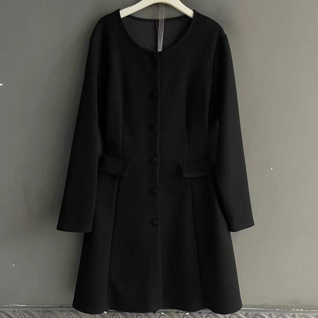 休闲风短裙秋季中长裙套头连衣裙气质长袖女装百搭黑色简约