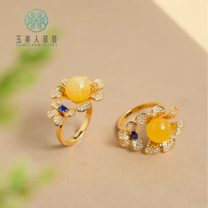 石惑珠宝@蜜蜡花朵圆珠约10mm可调节戒指~多样性发一