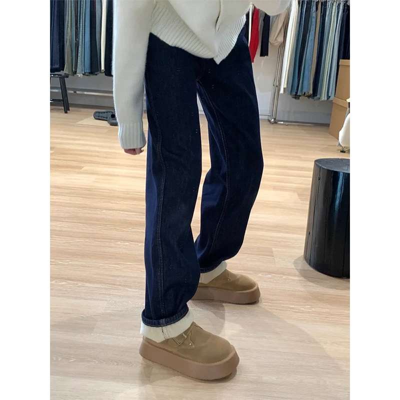 拉夏贝尔深蓝色加绒牛仔裤女冬季厚款宽松胖mm显瘦直筒拖地阔腿裤